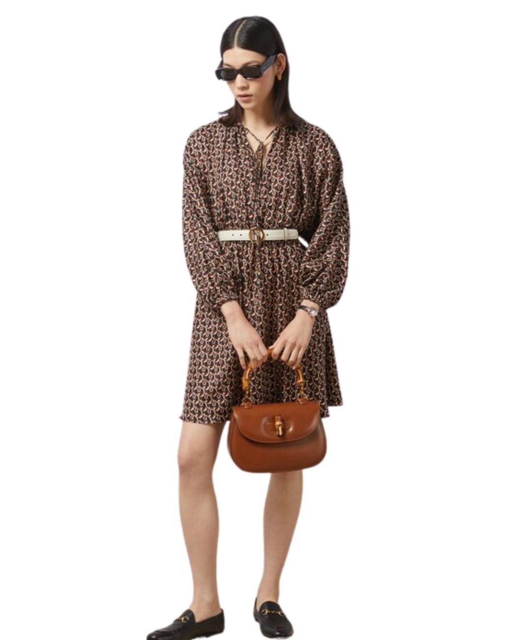 Gucci Brown Interlocking G Chain Print Silk Dress