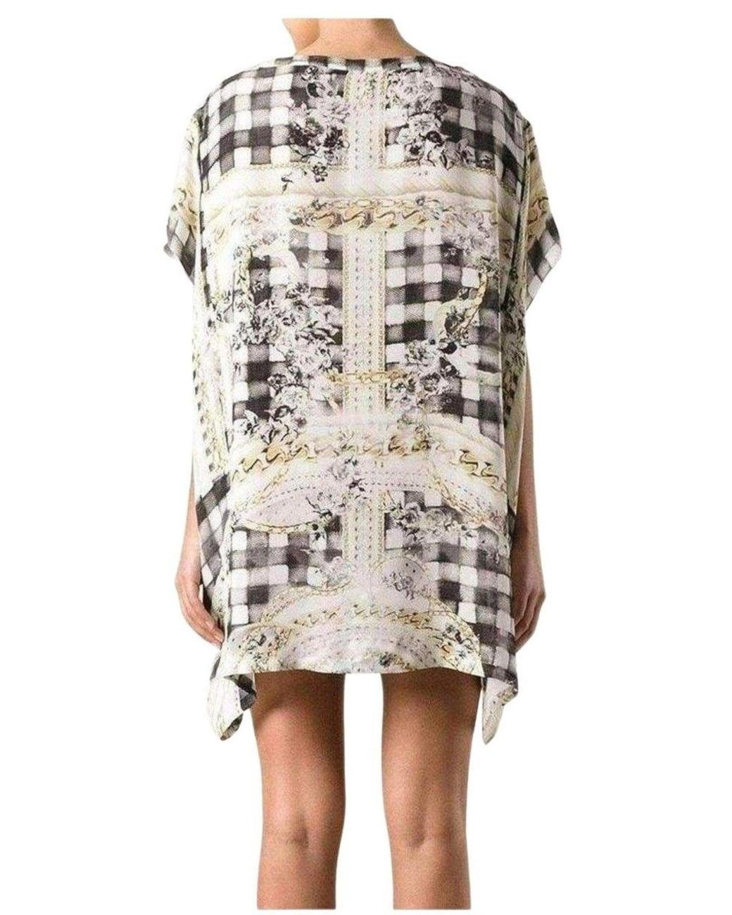 Balmain Gray Cream Printed Silk Tunic Dress With Batwing Sleeves
