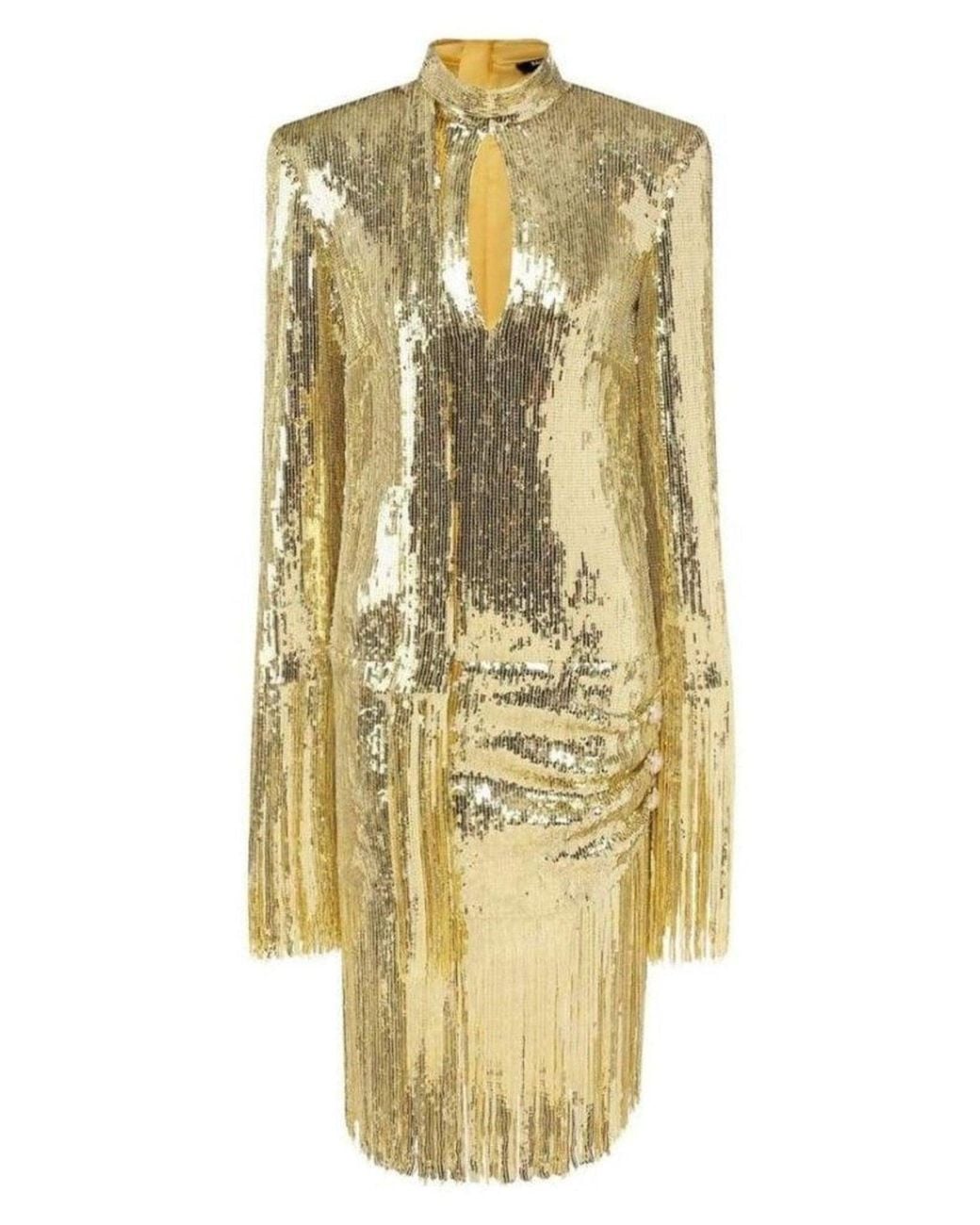Balmain Metallic Gold Sequin Fringed Midi Dress