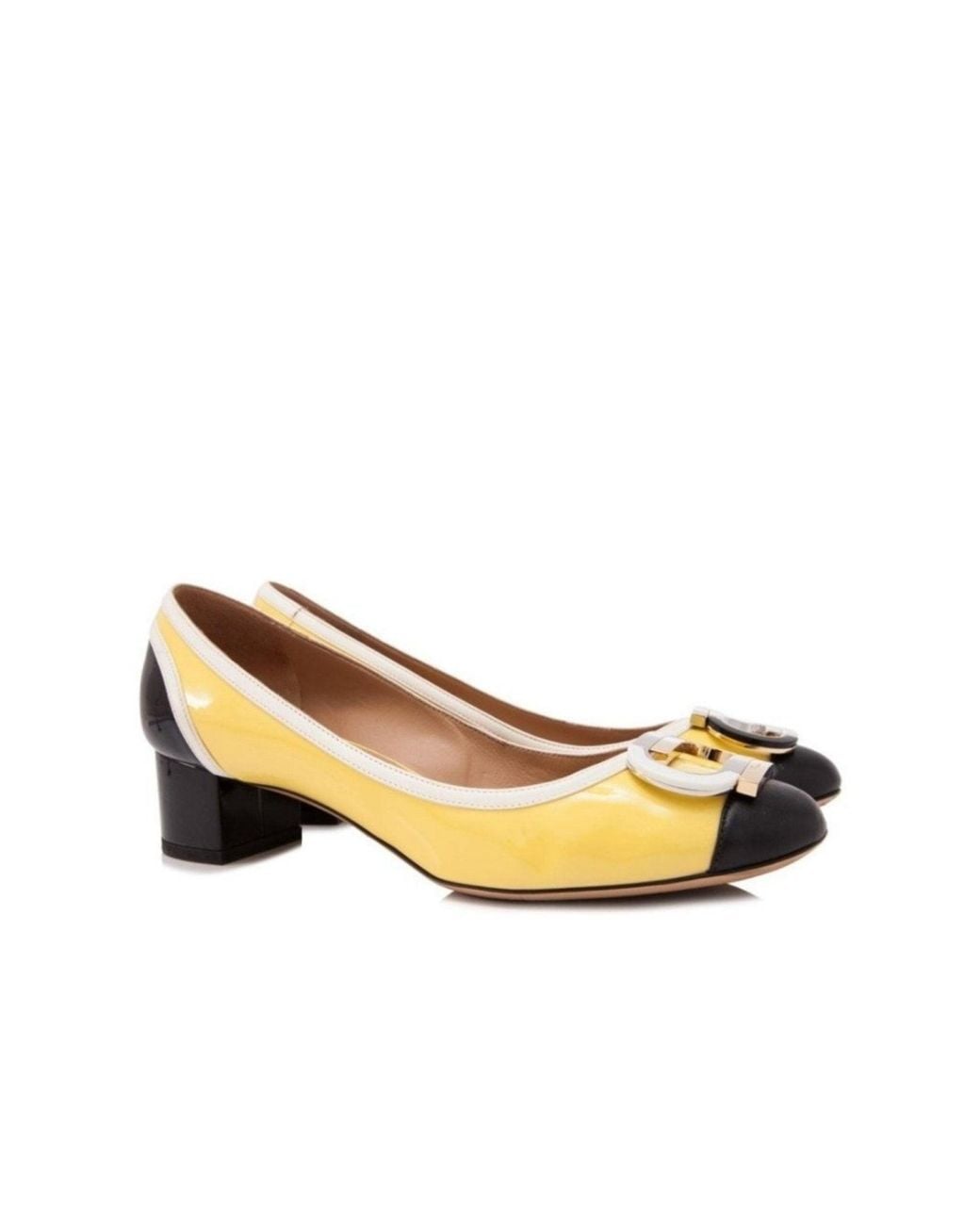 Ferragamo Metallic Patent Leather Gwen Block Heel Pumps