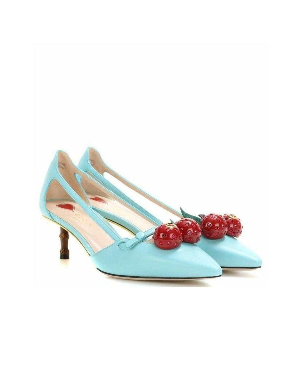 Gucci Green Unia Aqua Cherry Leather Slingback It 36.5
