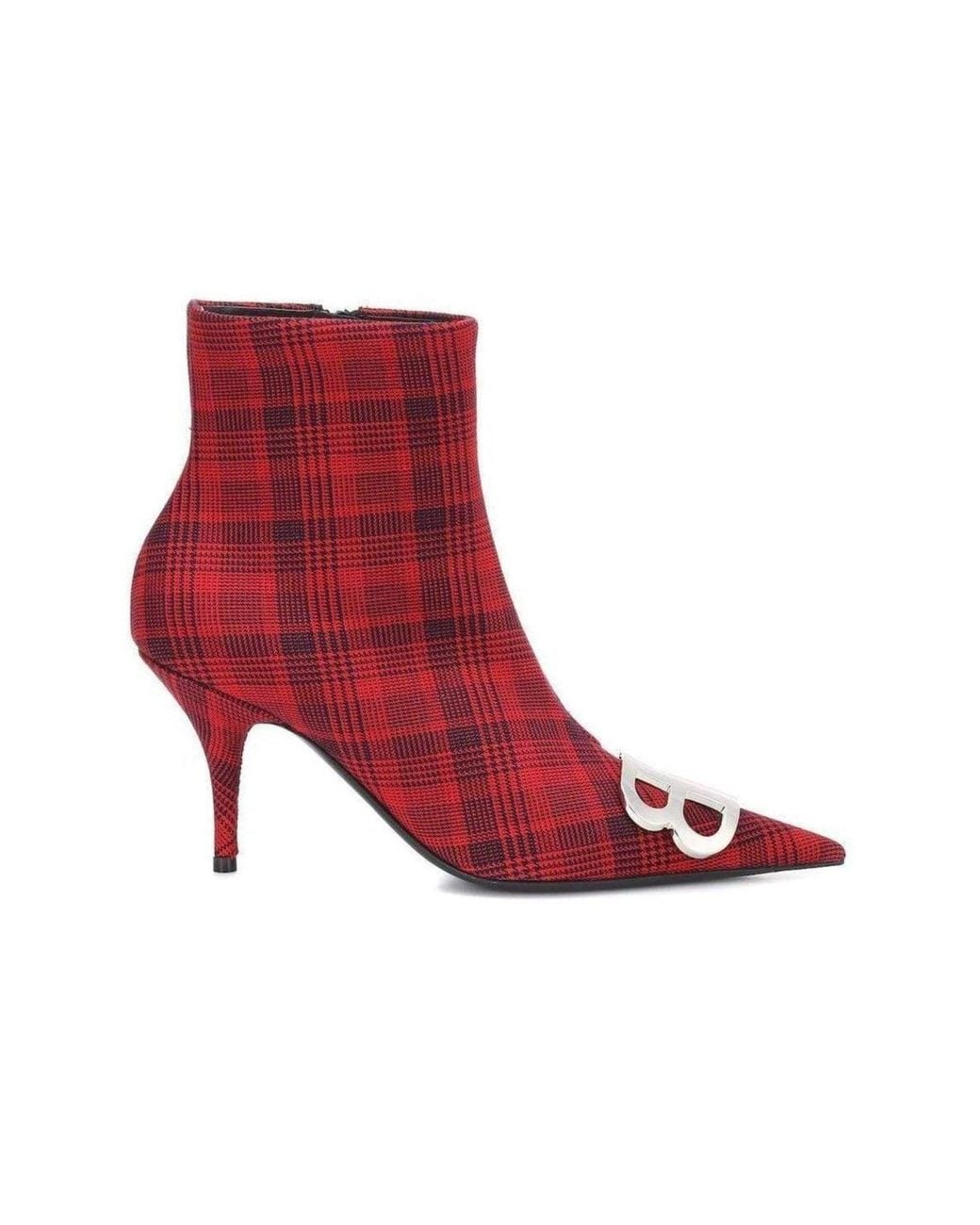 Balenciaga Red Logo Plaid Canvas Ankle Boots