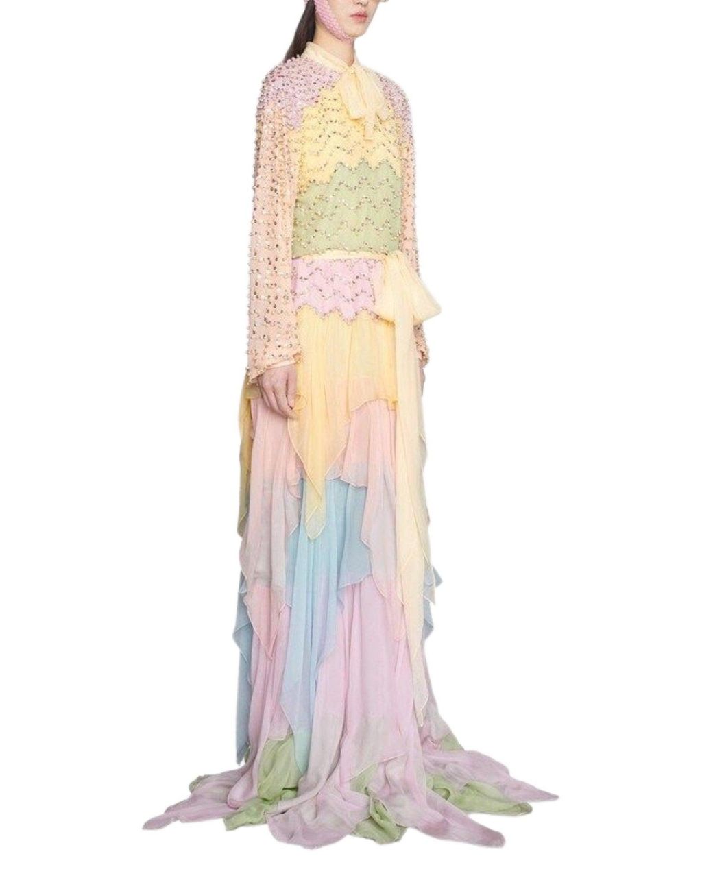 Gucci White Ruffled Silk Gown Embellished With Pearls & Rhinestones