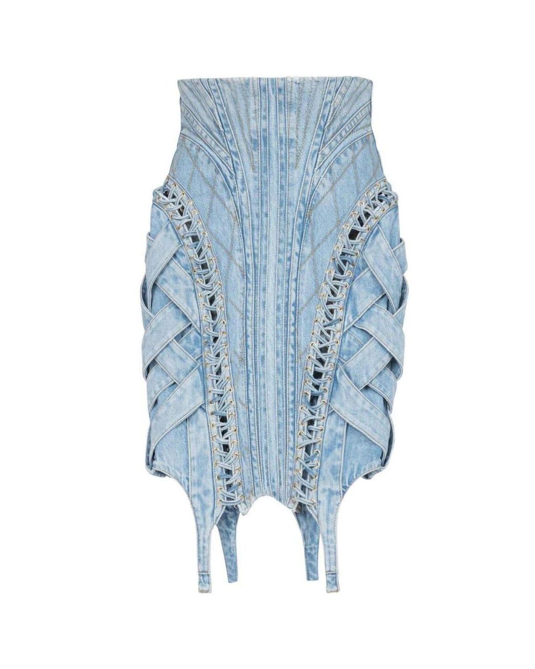 Balmain Blue High-waist Lace-up Denim Skirt