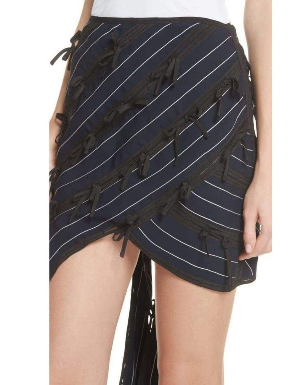 Self-Portrait Blue Pinstripe Ribbon Asymmetric Panelled Mini Skirt Uk 8