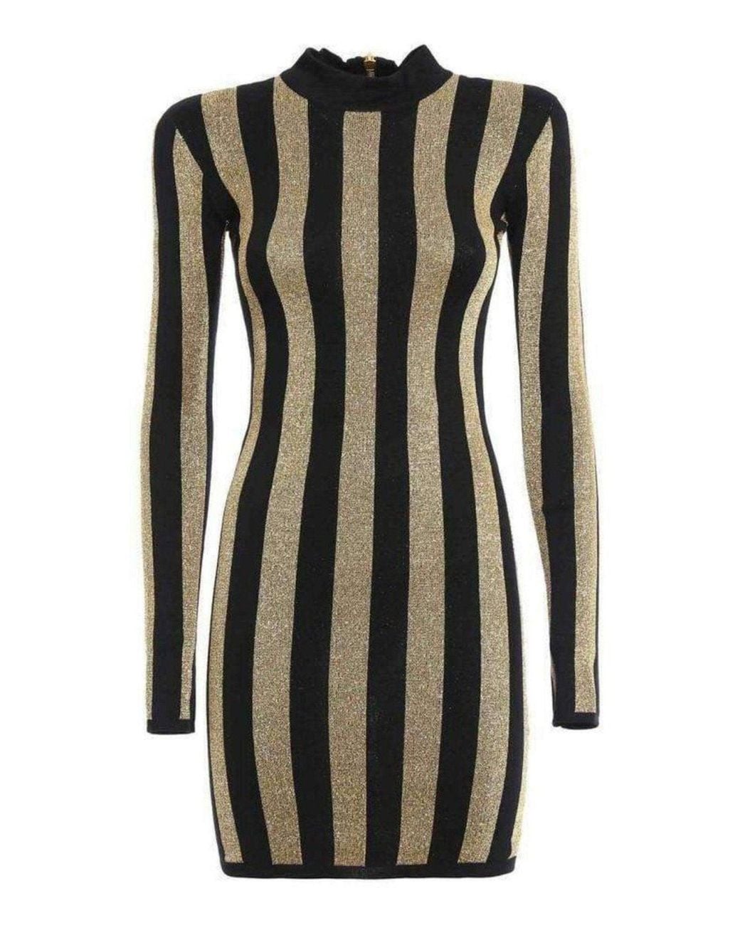 Balmain Lurex Gold Black Striped Pattern Mini Dress
