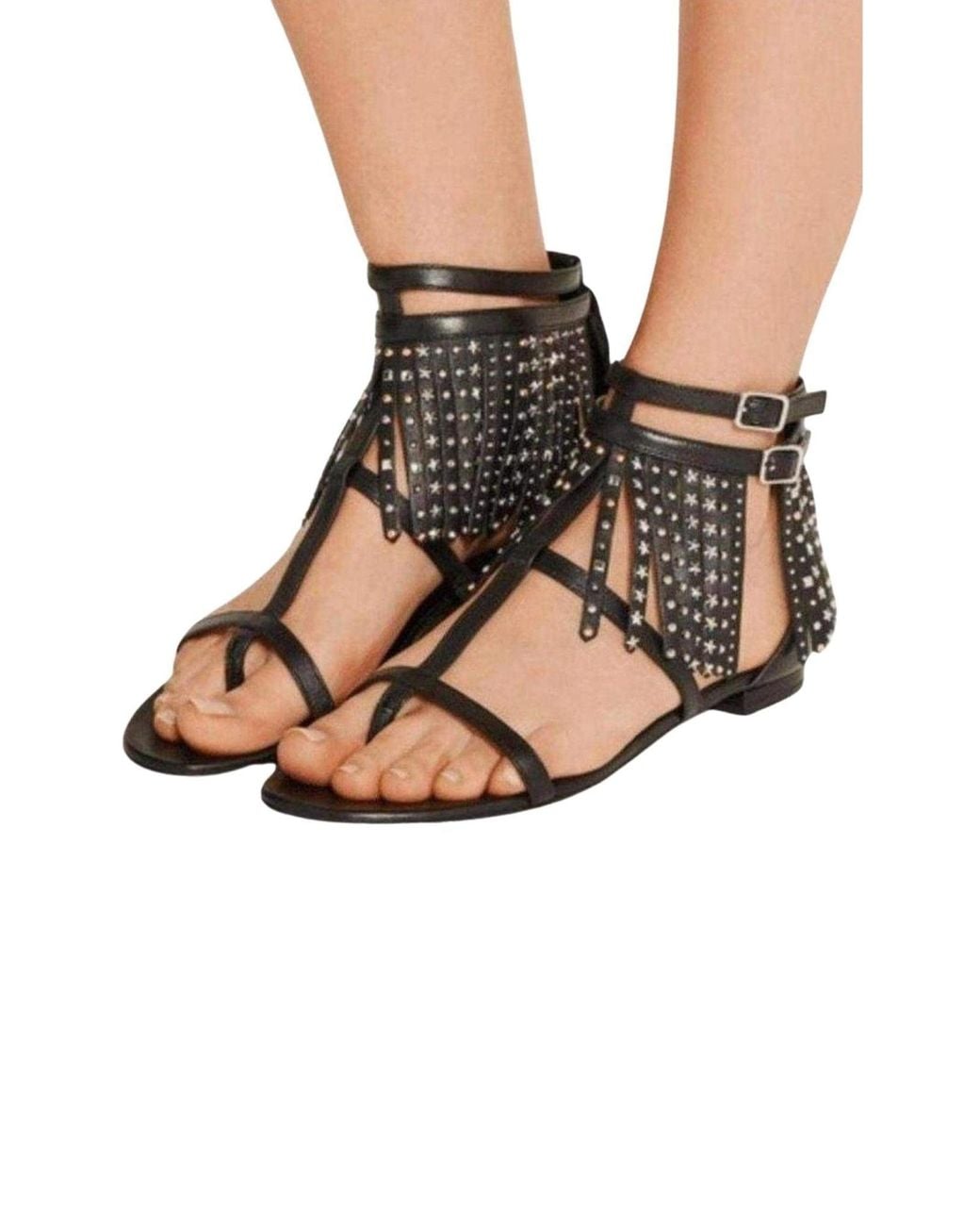 Saint Laurent Black Leather Fringe Sandals