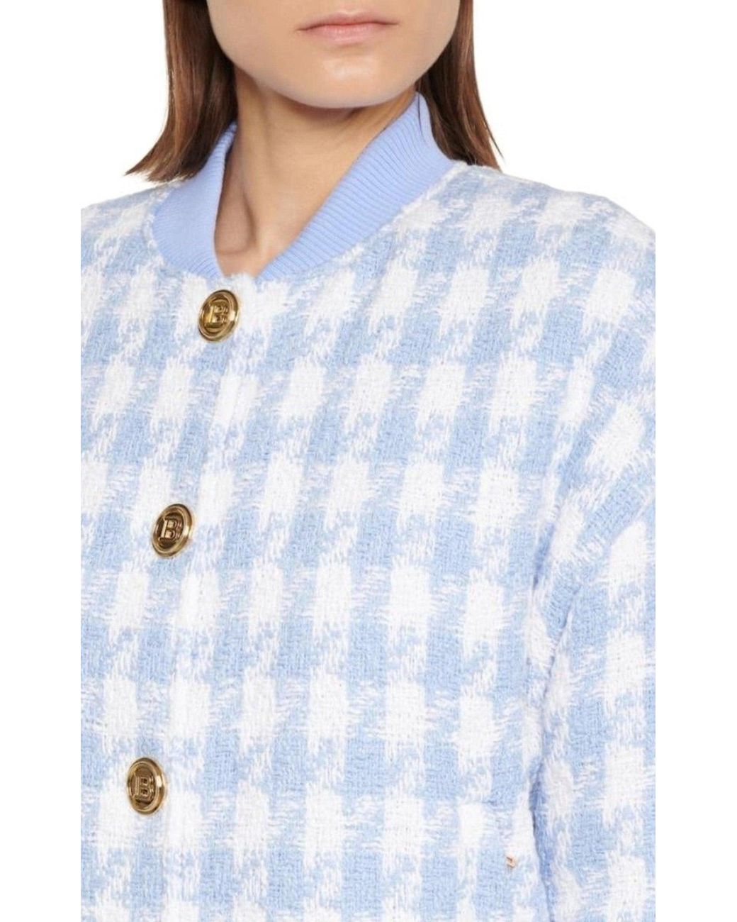 Balmain Blue Houndstooth Cotton-blend Tweed Bomber Jacket