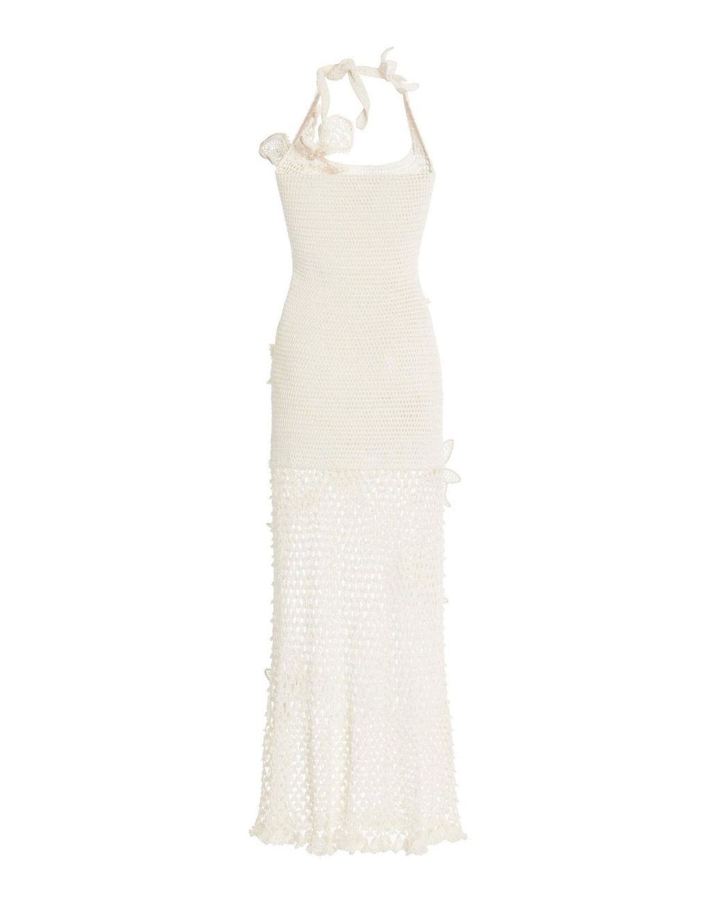Oscar de la Renta White Halter Orchid Crochet Knit Dress