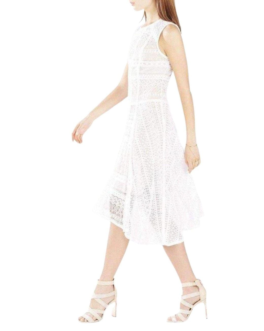 BCBGMAXAZRIA White Claudette Lace Blocked Scarf Hem Dress