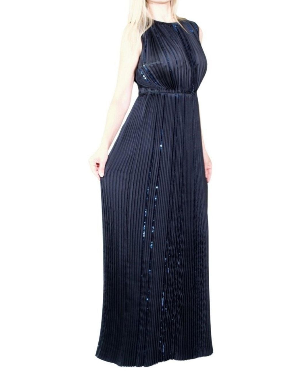 Nina Ricci Blue Black Pleated Sequin Embellished Maxi Silk Gown