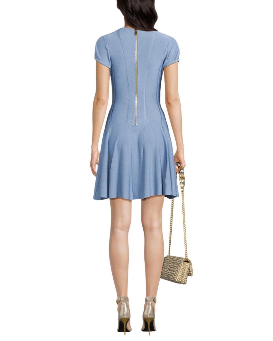 Balmain Blue Fine-knit V-neck Mini Skater Dress
