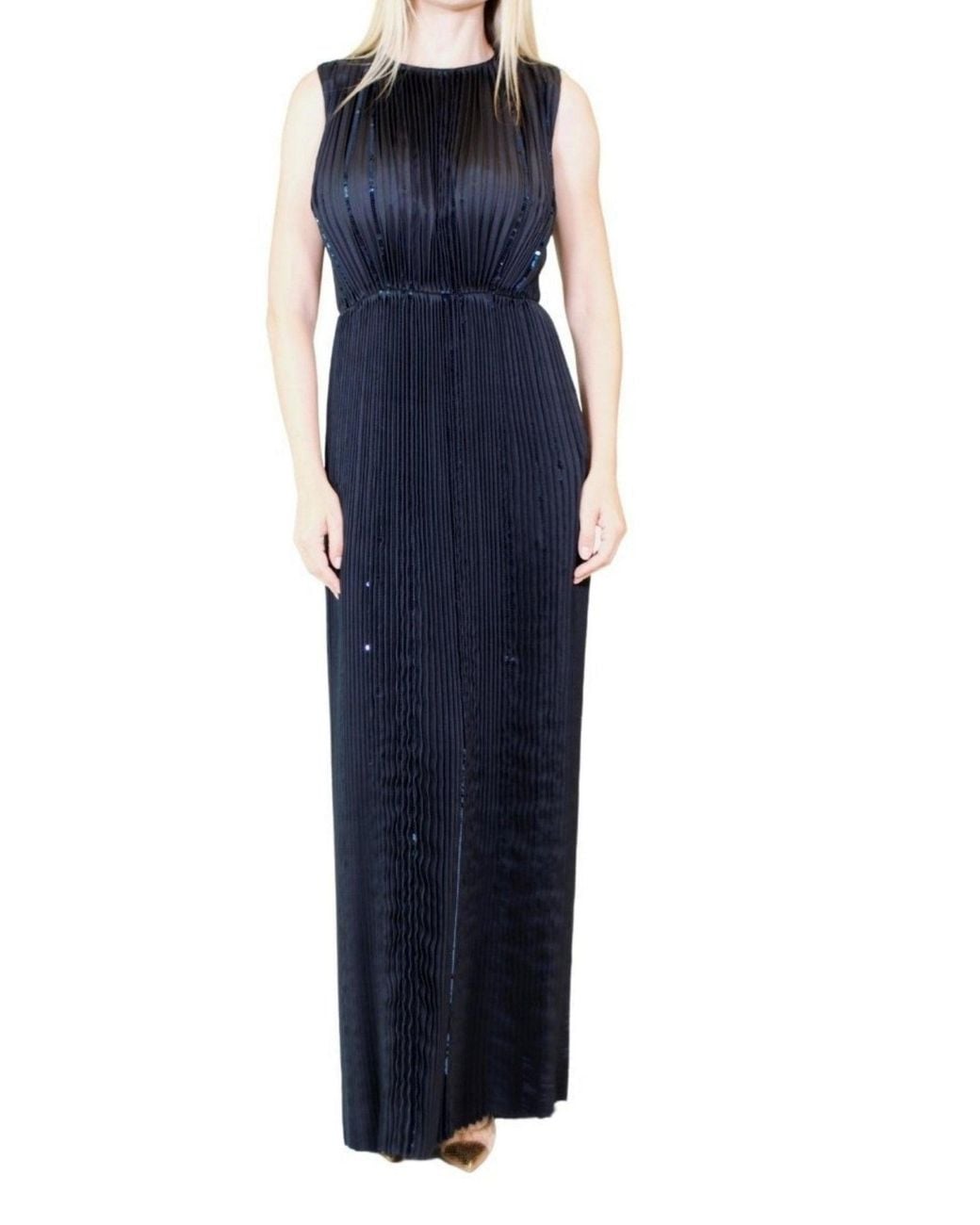 Nina Ricci Blue Black Pleated Sequin Embellished Maxi Silk Gown