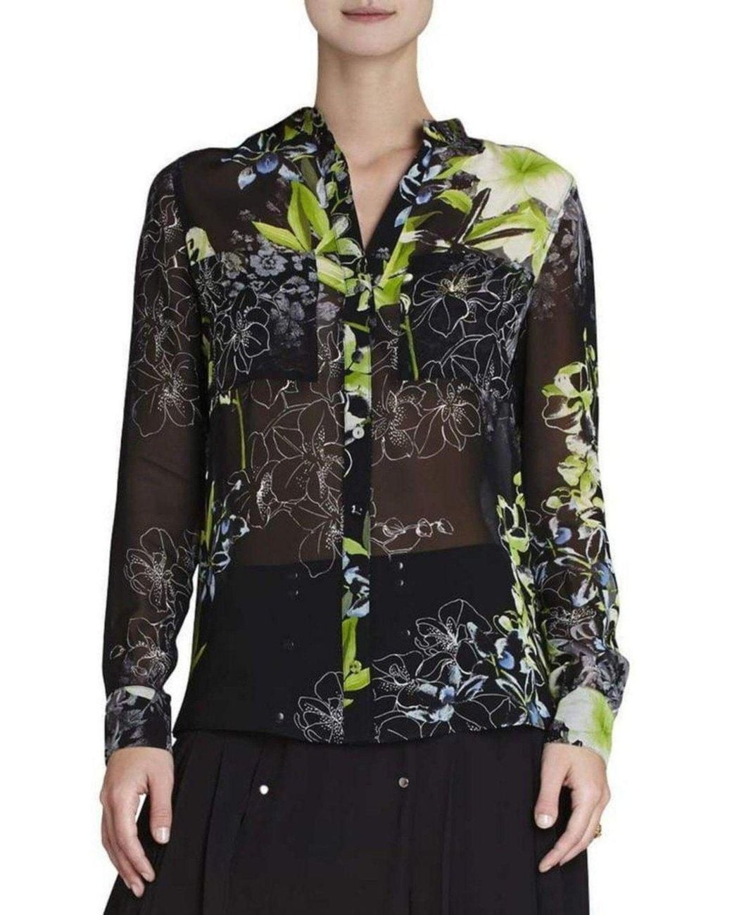 BCBGMAXAZRIA Black Loora Printed Long-sleeve Silk Blouse