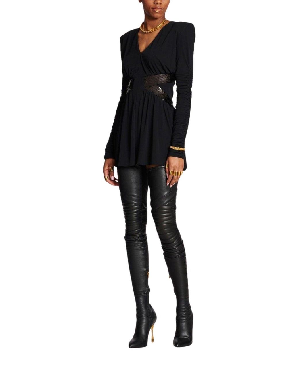 Balmain Black Sequin-embellished V-neck Mini Dress
