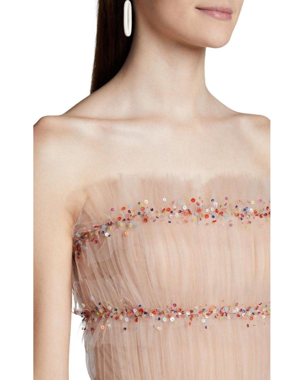 Jason Wu Natural Strapless Ruched Tulle Midi Cocktail Dress