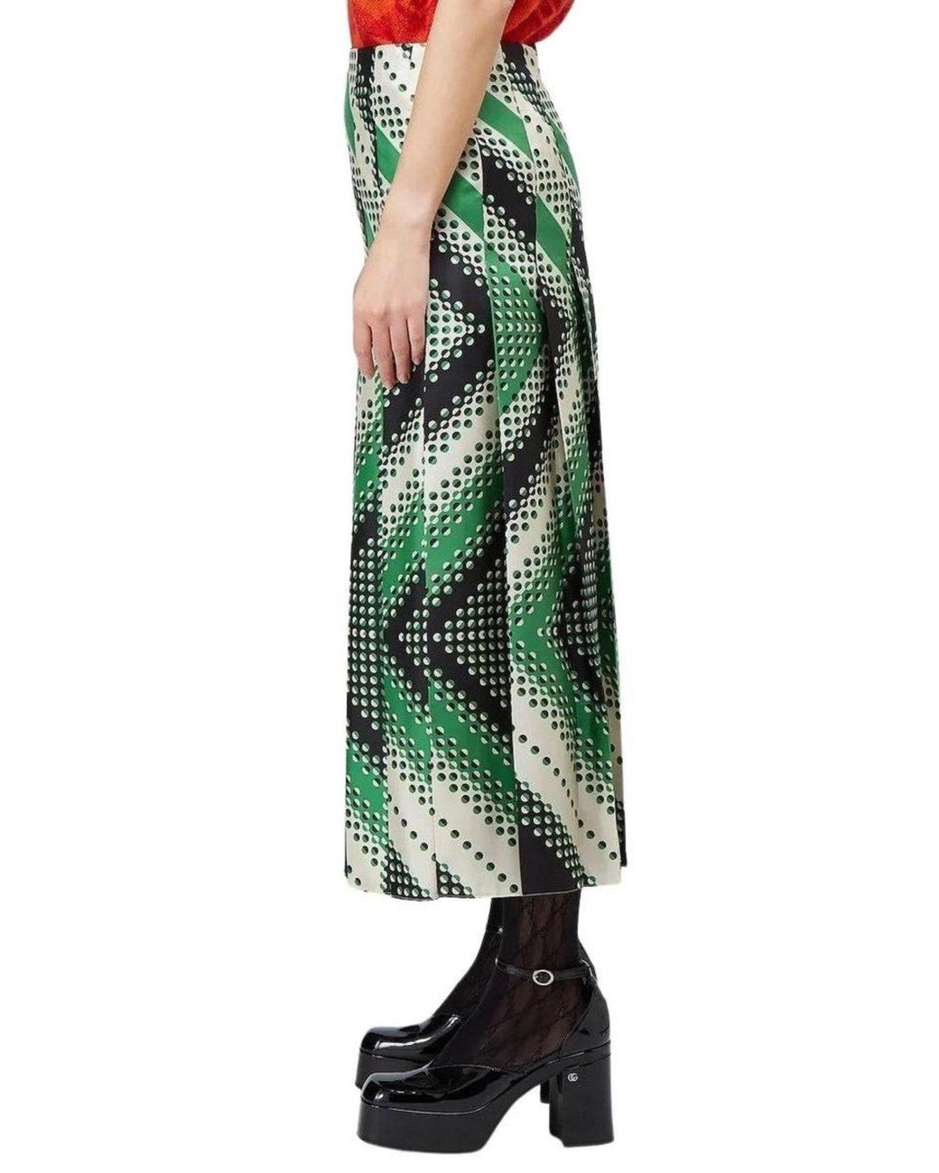 Gucci Green Pleated Chevron Print Silk Skirt