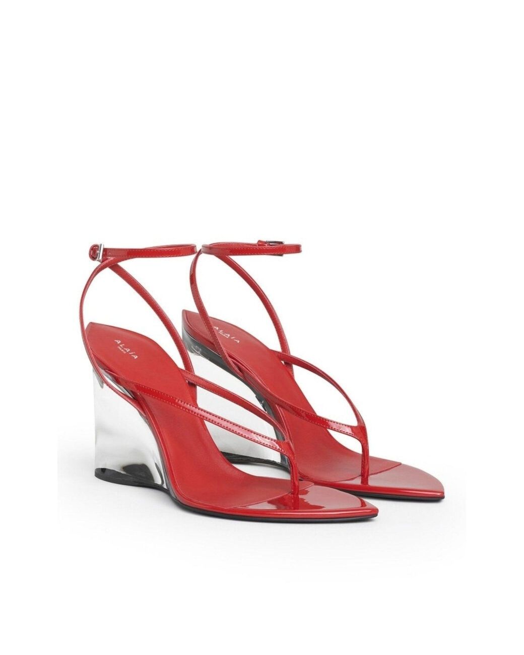 Alaïa Pink Tong 90 Patent Leather Wedge Sandals