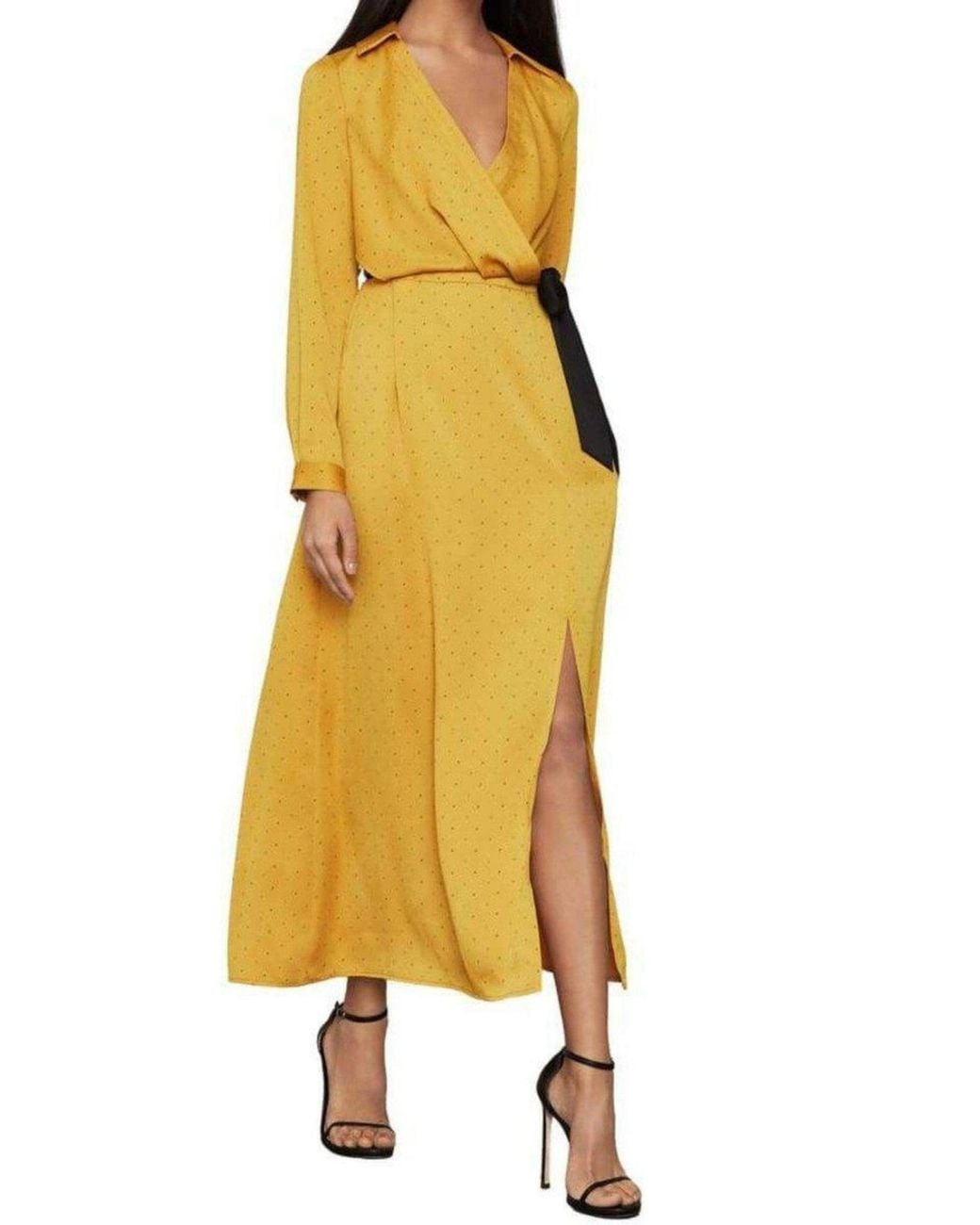 BCBGMAXAZRIA Yellow Satin Polka Dot Sash Dress