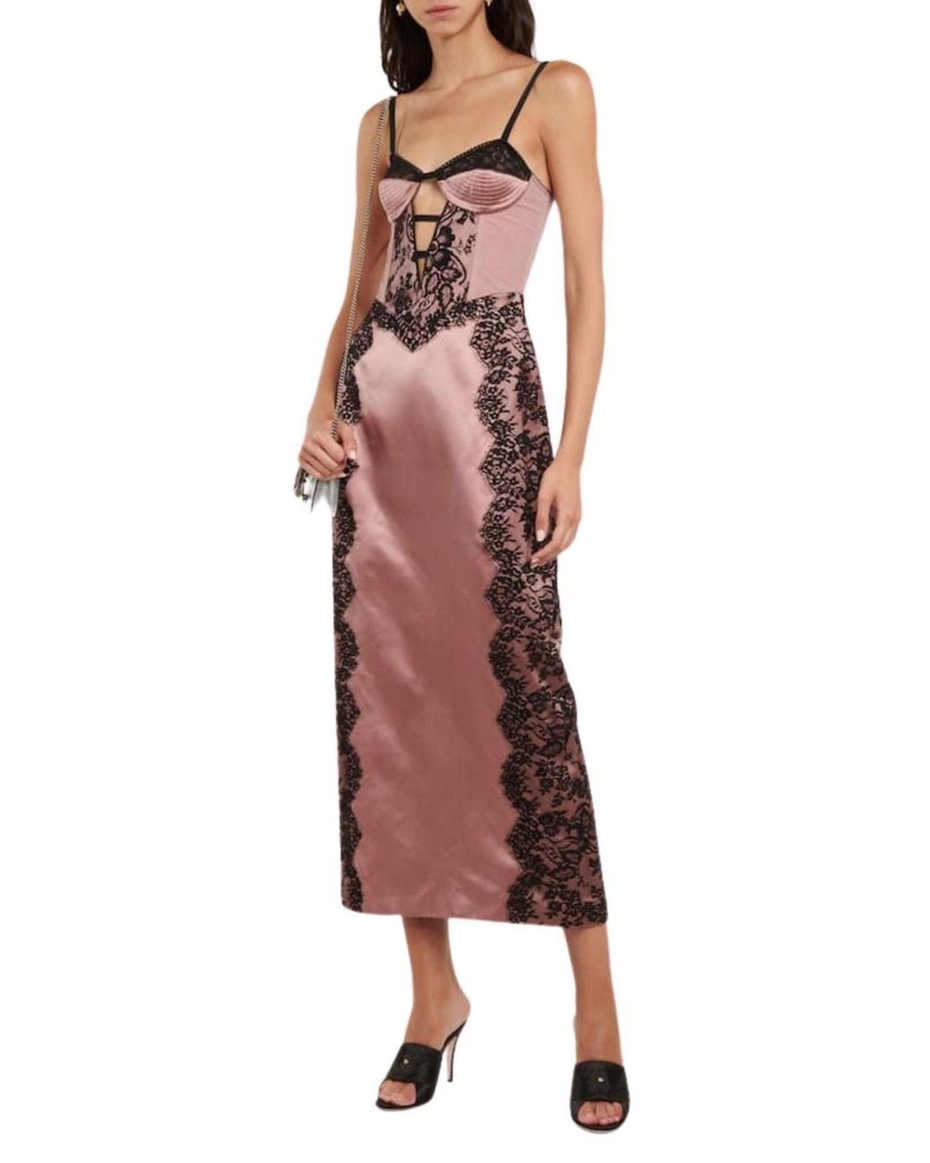 open lace back dress Gucci Lace-trimmed Silk Satin Midi Dress – Runway Catalog main image 1