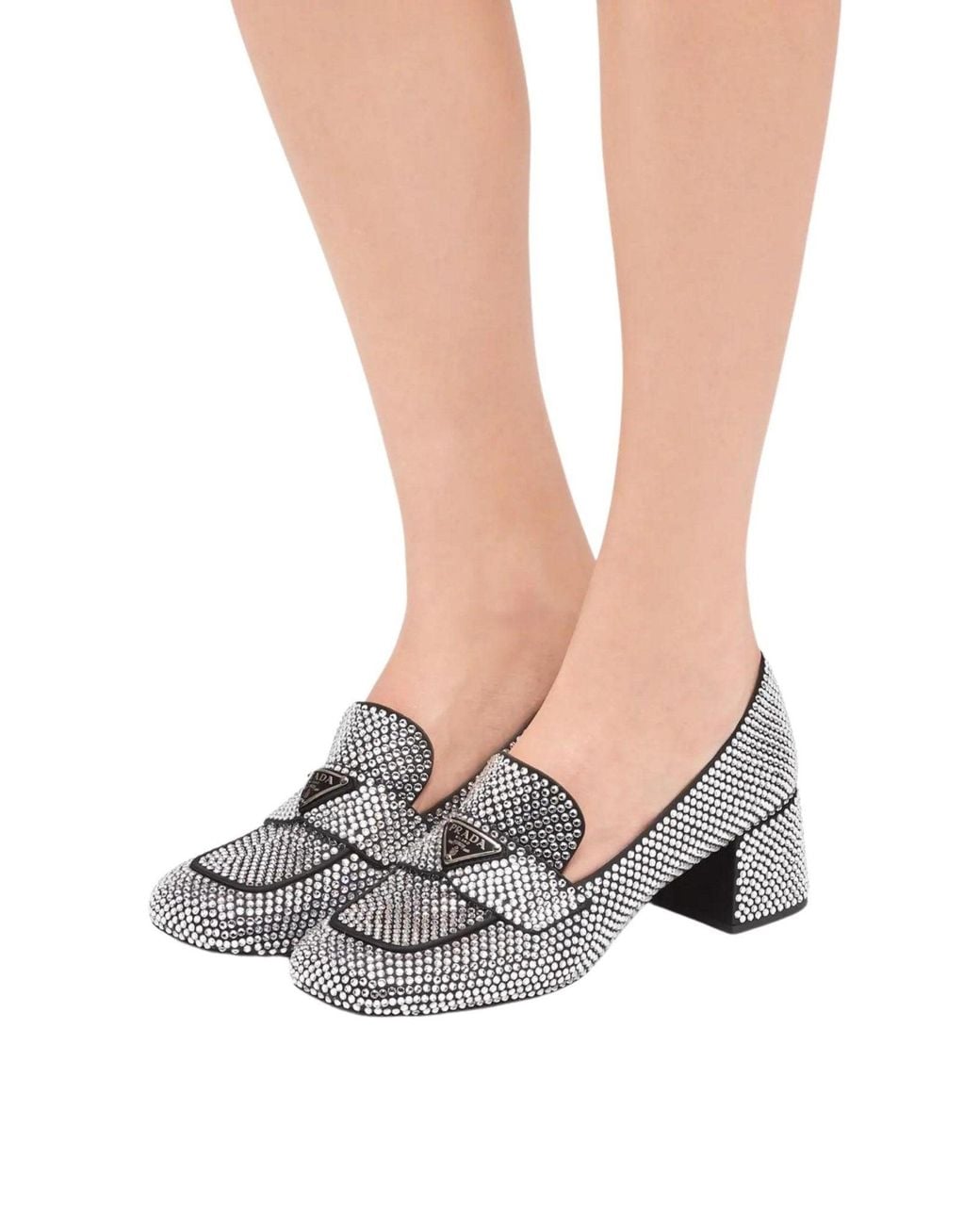 Prada Gray Crystal-embellished Logo-plaque Loafers