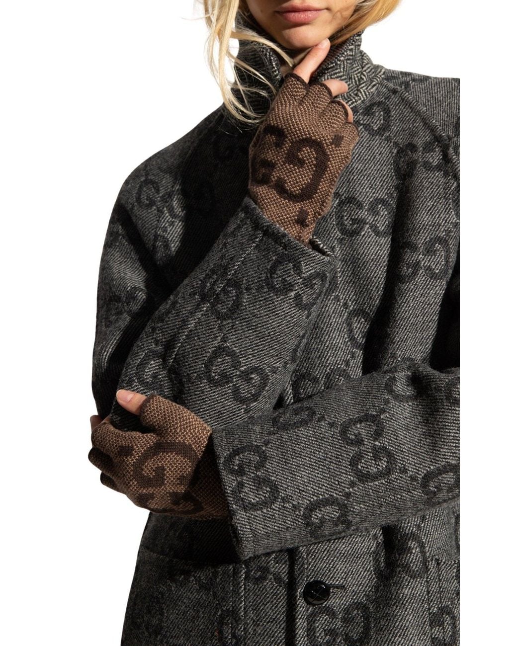 Gucci GG Cashmere Fingerless Gloves Brown Grey