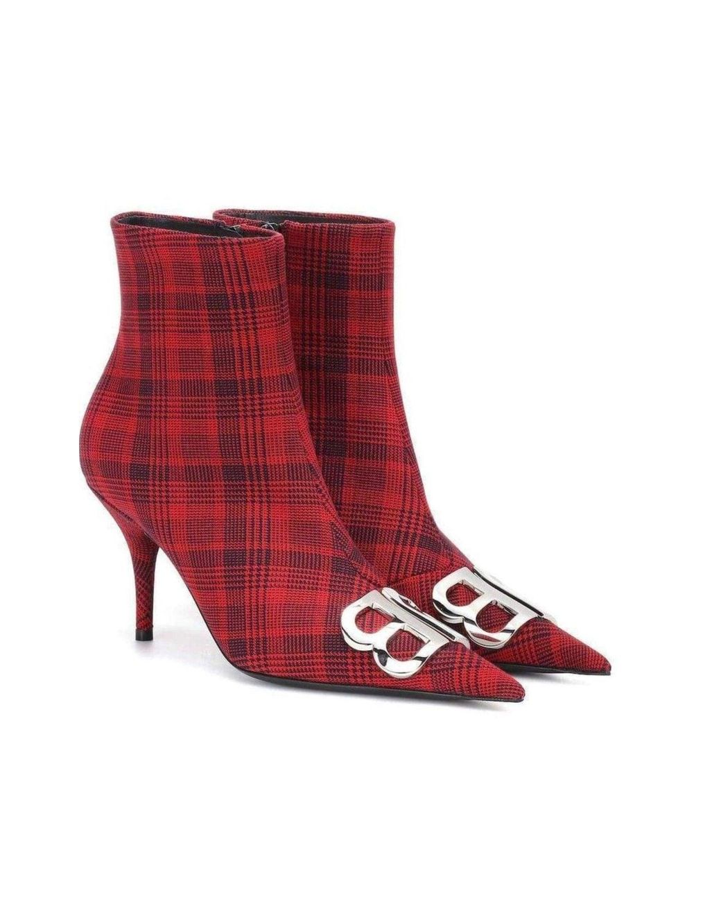 Balenciaga Red Logo Plaid Canvas Ankle Boots