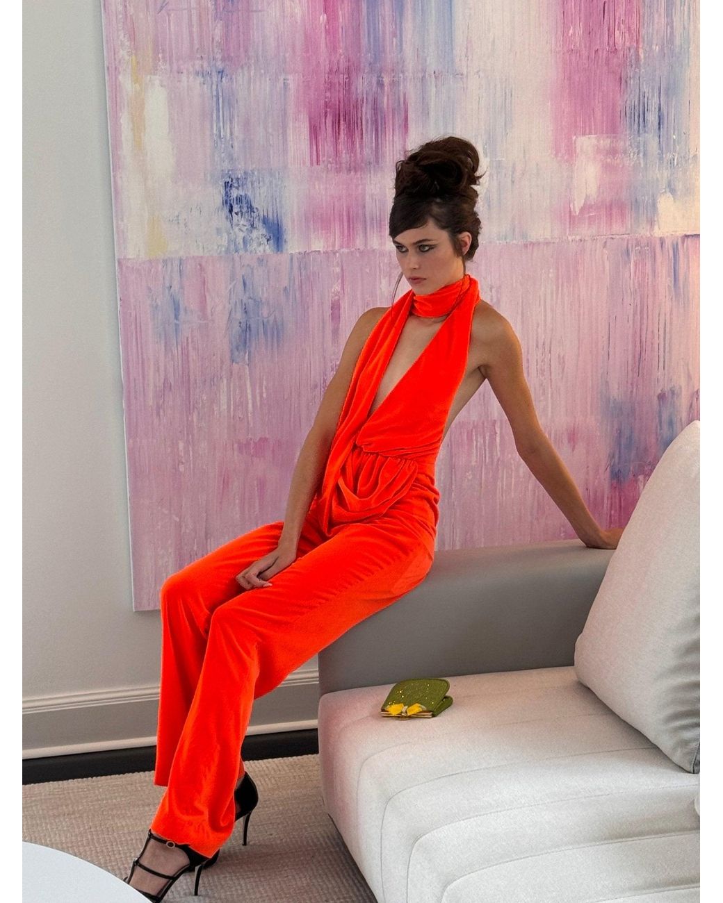 Area Red Draped Cowl Jumpsuit