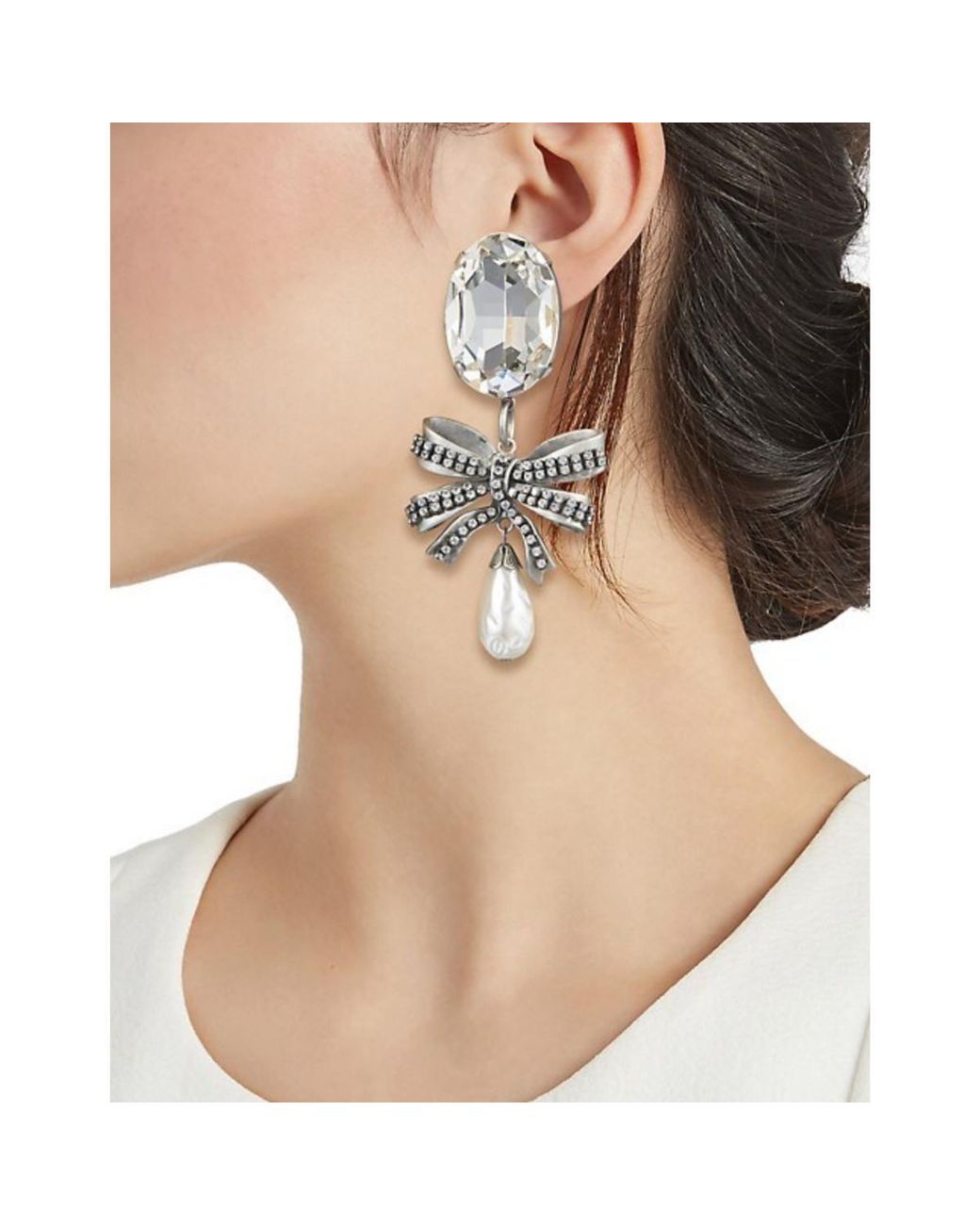 Alessandra Rich Metallic Crystal Bow Pearl Drop Earring