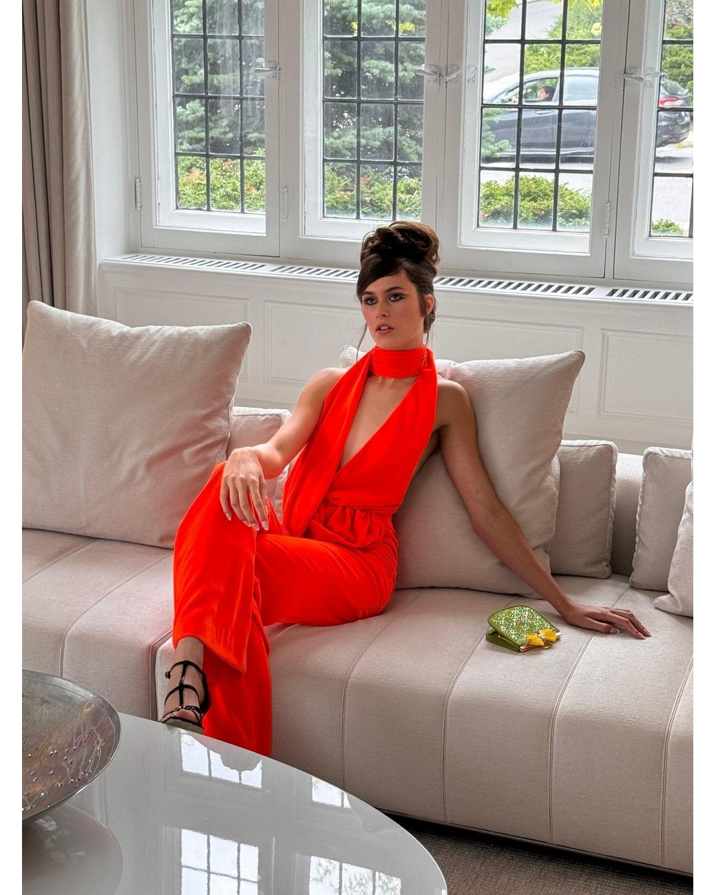 Area Red Draped Cowl Jumpsuit