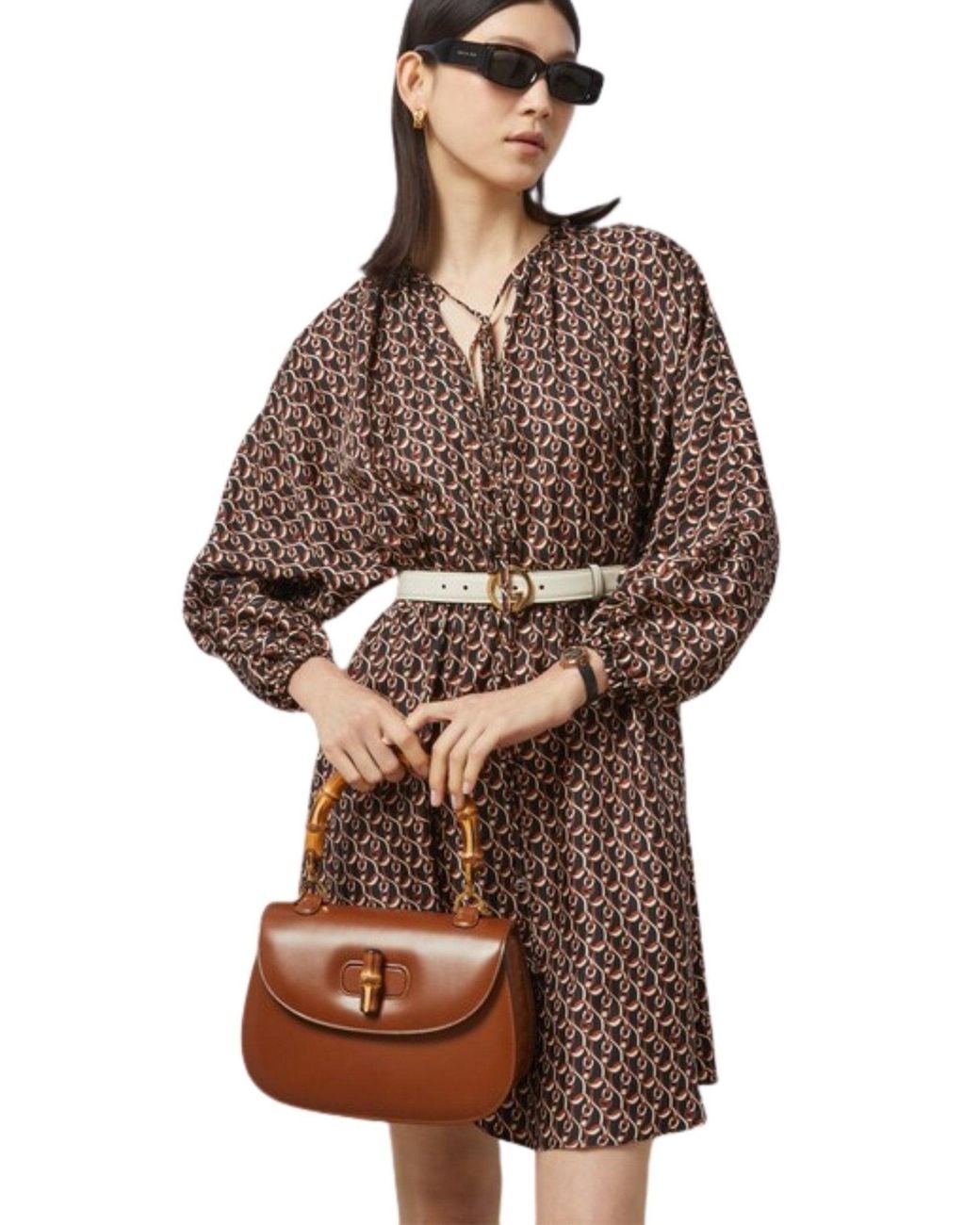 Gucci Brown Interlocking G Chain Print Silk Dress