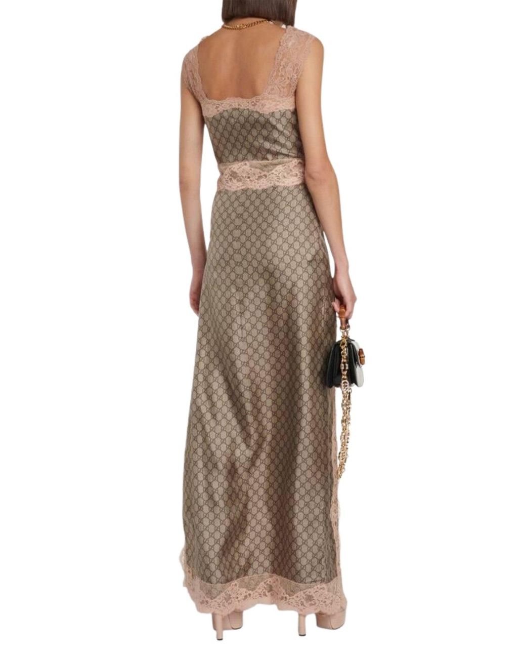 Gucci Natural GG Supreme Lace Trim Silk Maxi Dress