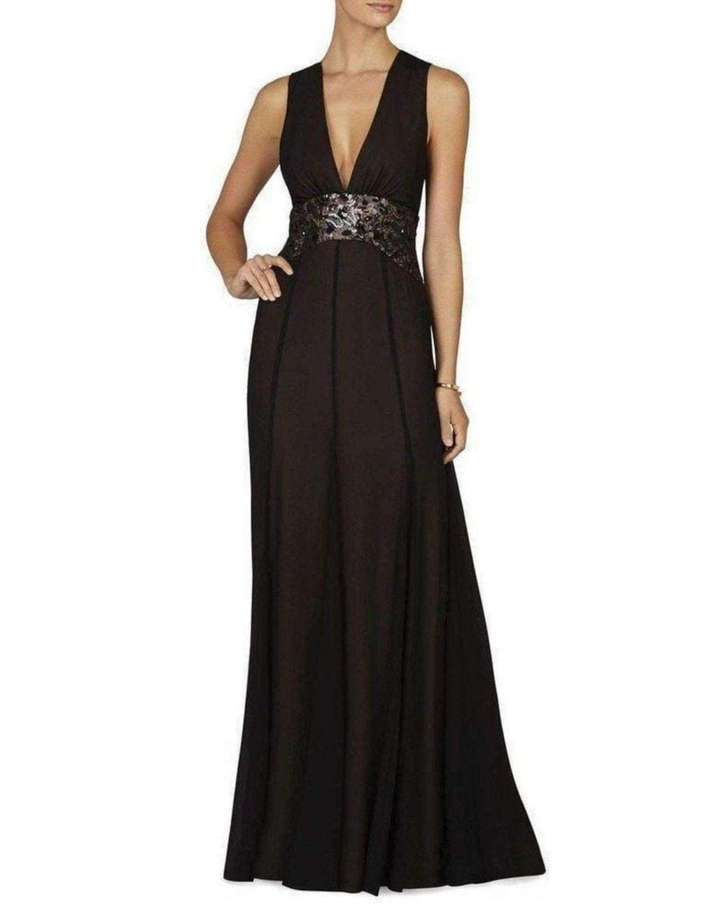 BCBGMAXAZRIA Black Stacy Plunging V Neck Embellished Waist Gown