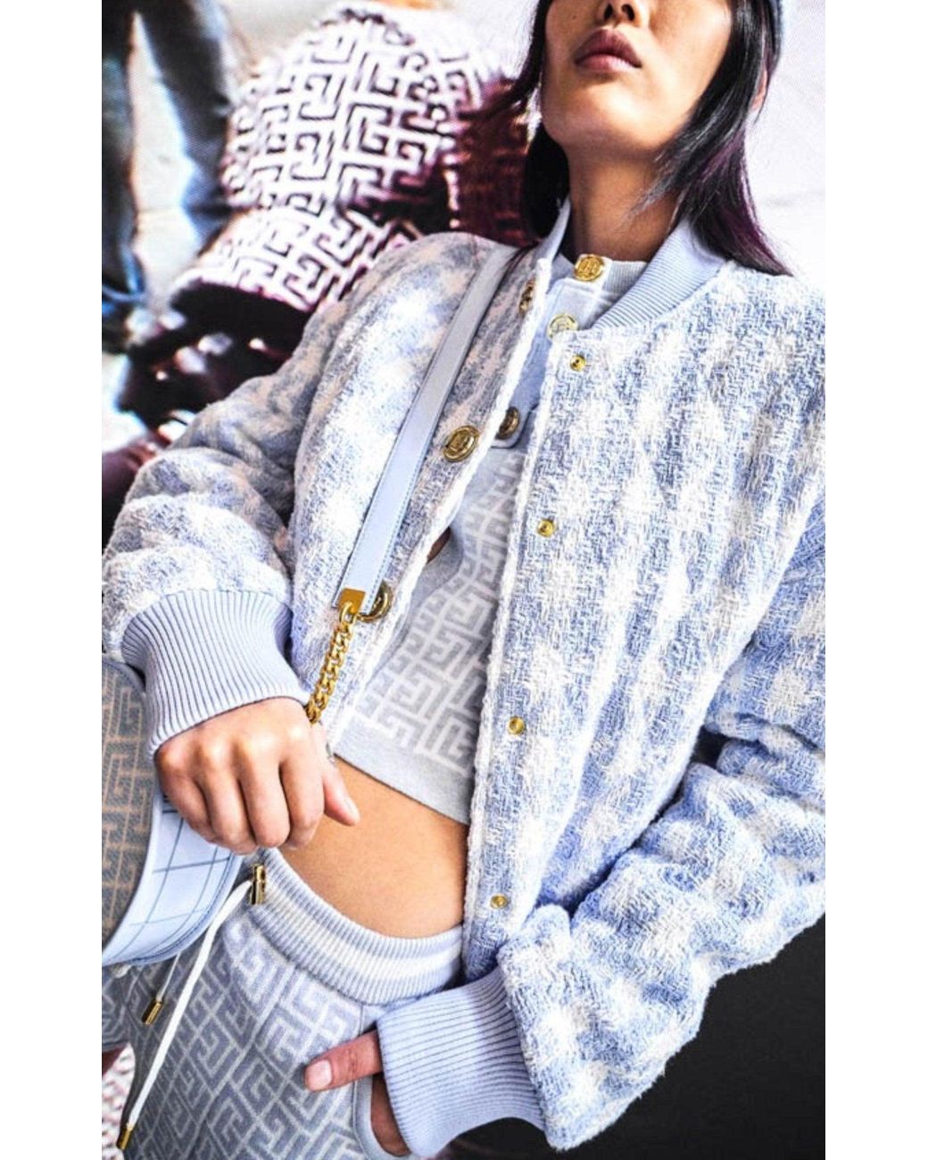 Balmain Blue Houndstooth Cotton-blend Tweed Bomber Jacket