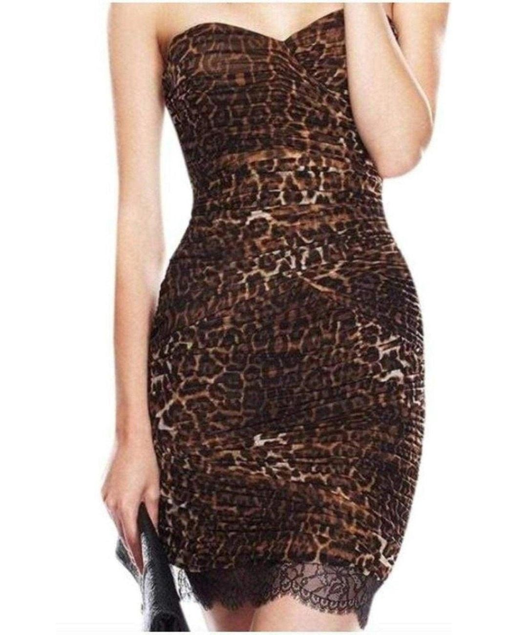 BCBGMAXAZRIA Brown Strapless Leopard Print Bovary Dress