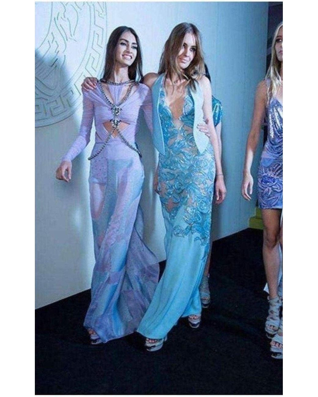 Versace Blue Leather Cutout Lace Embellished Gown Fr 40 (us 10)