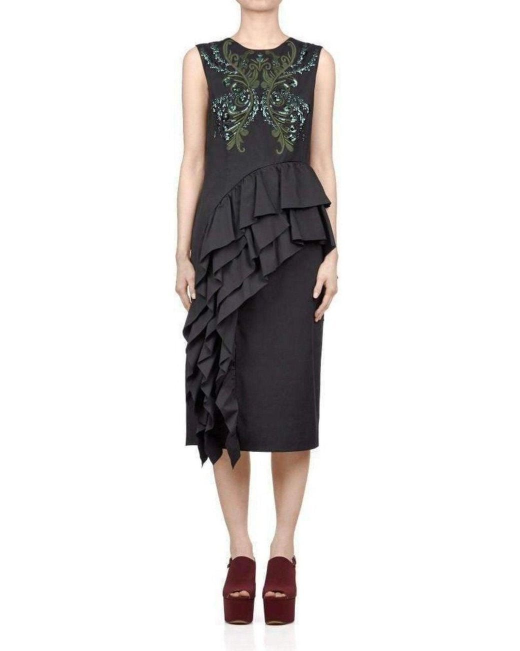 Dries Van Noten Black Sequinned Asymmetric Ruffle Cotton Dress Fr 38 (us 8)