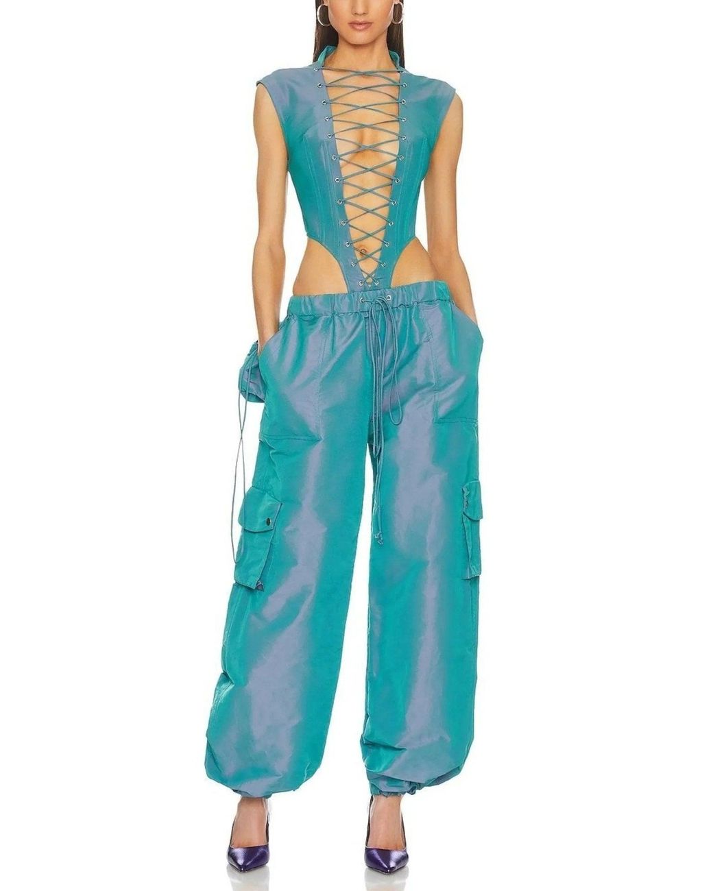 LAQUAN SMITH Green Sleeveless Lace Up Bodysuit Aqua Blue