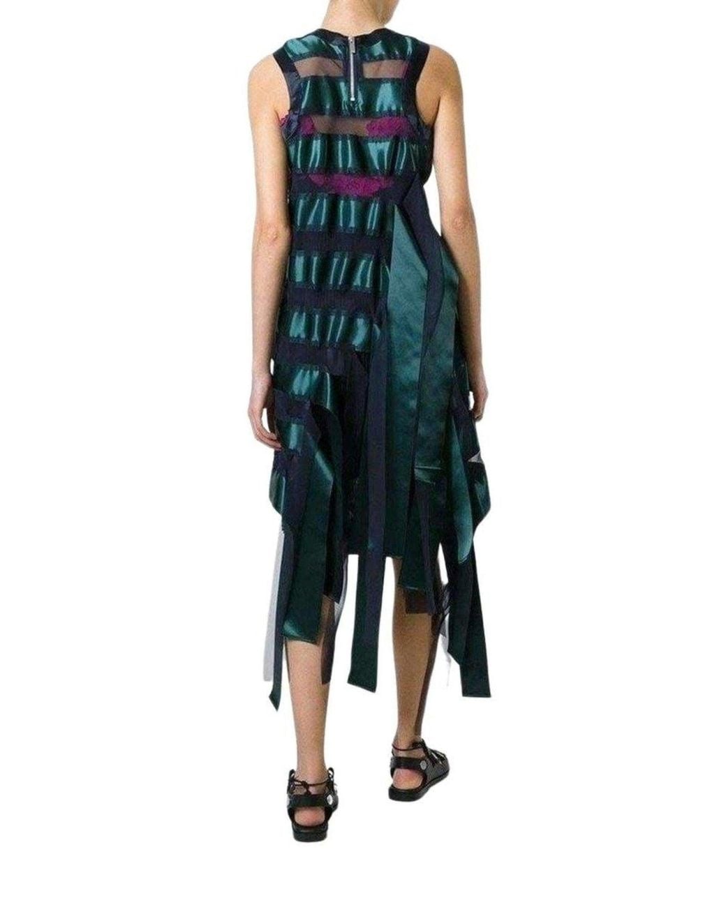 Sacai Green Transparent Stripe Panel Dress