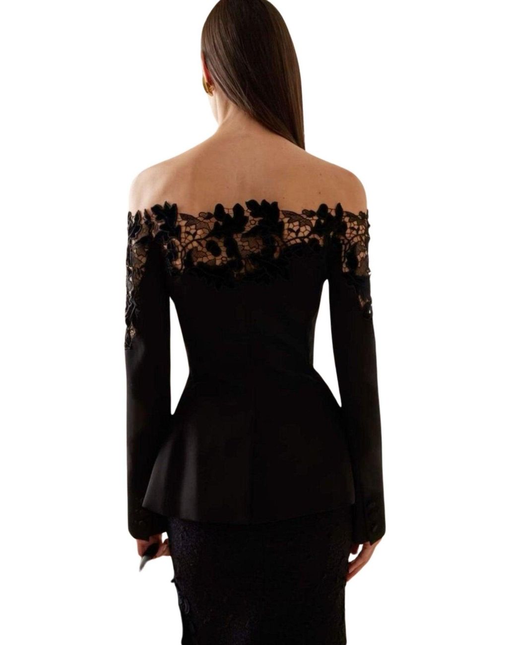 Oscar de la Renta Black Off-shoulder Velvet Guipure Lace Blazer