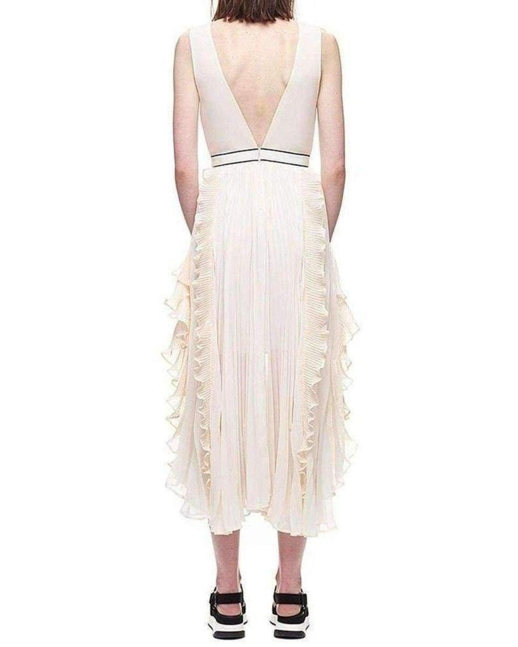 Self-Portrait White V-neck Dress With Fluted Pleats Uk 6 (us 2)