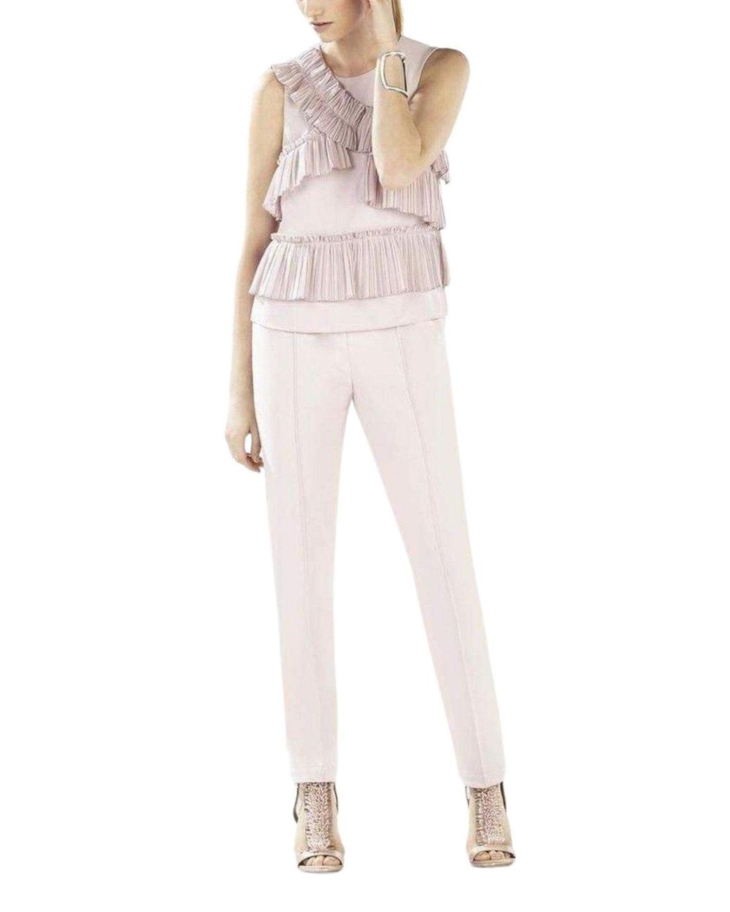 BCBGMAXAZRIA Natural Lorain Pleated Ruffle Applique Top