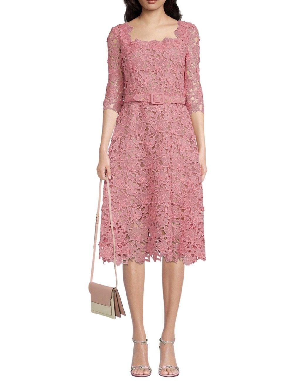 Oscar de la Renta Pink Floral Guipure Lace Belted Dress
