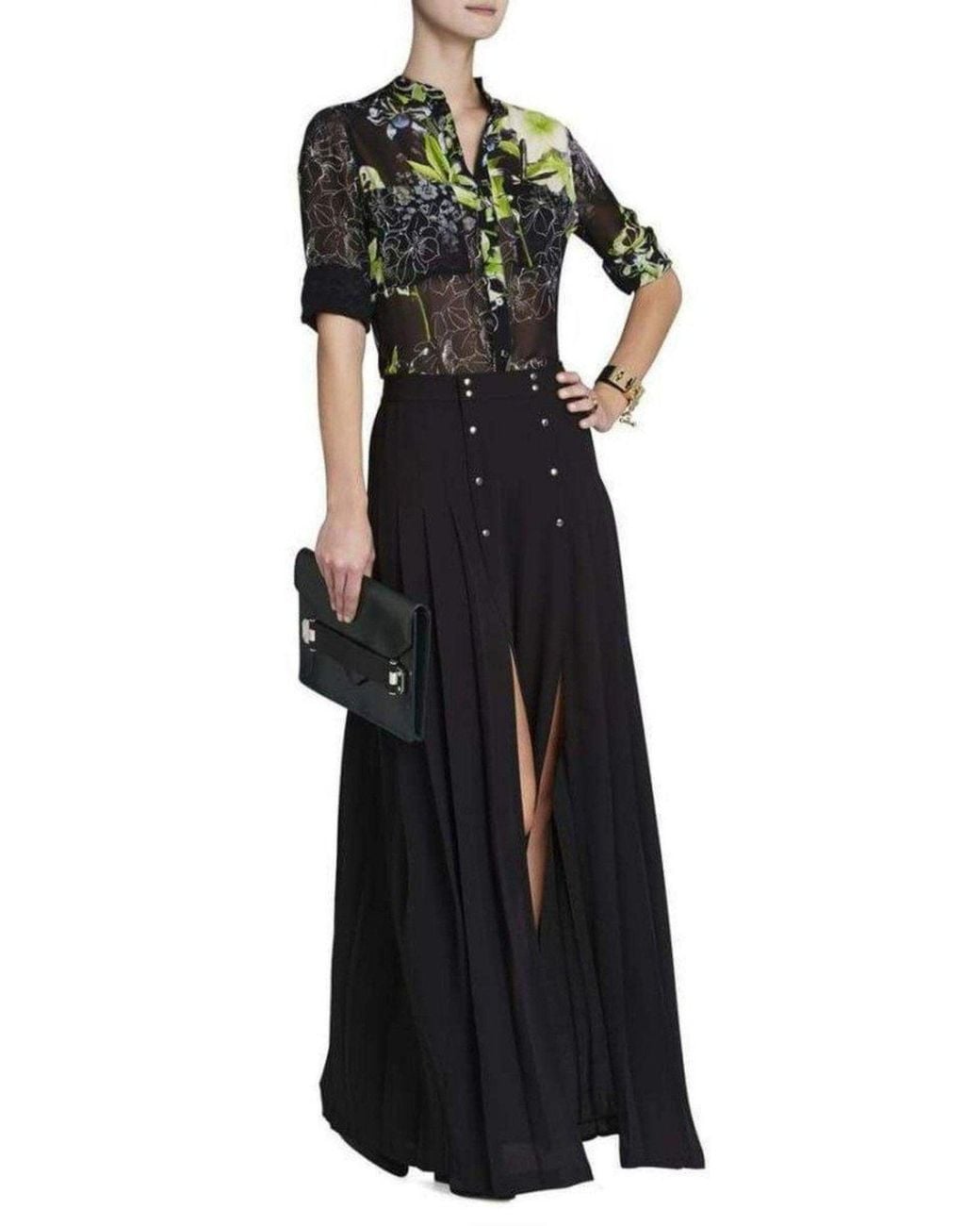 BCBGMAXAZRIA Black Loora Printed Long-sleeve Silk Blouse