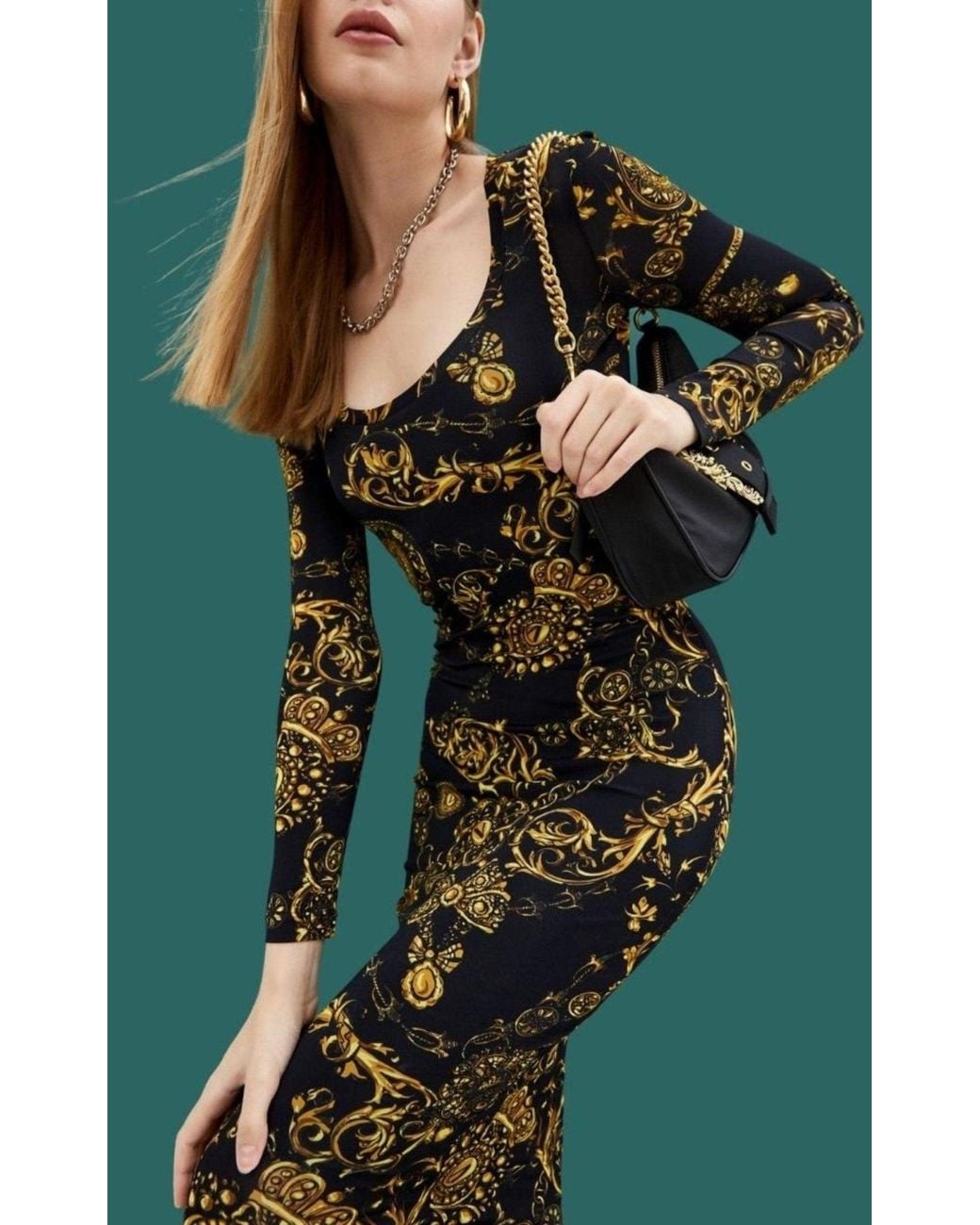 Versace Jeans Couture Black Baroque Print Midi Dress