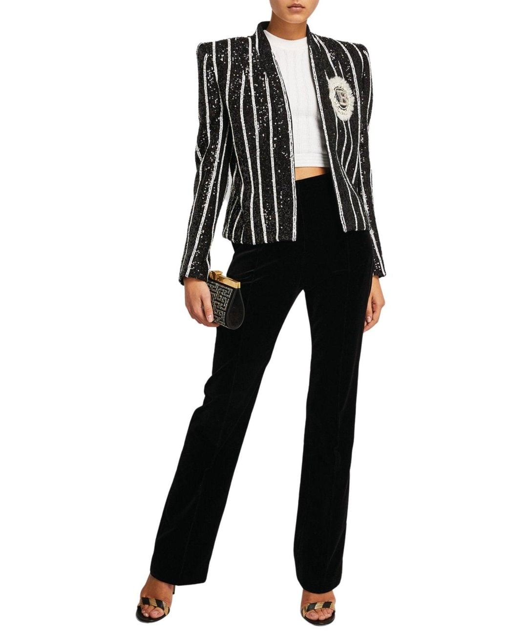 Balmain Sequinned Black White Striped Spencer Jacket