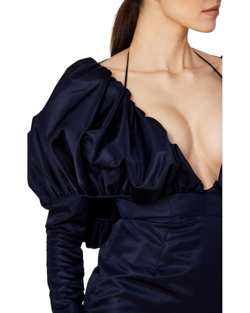 LAQUAN SMITH Blue Faille Halter Neck Puff Sleeve Midi Dress