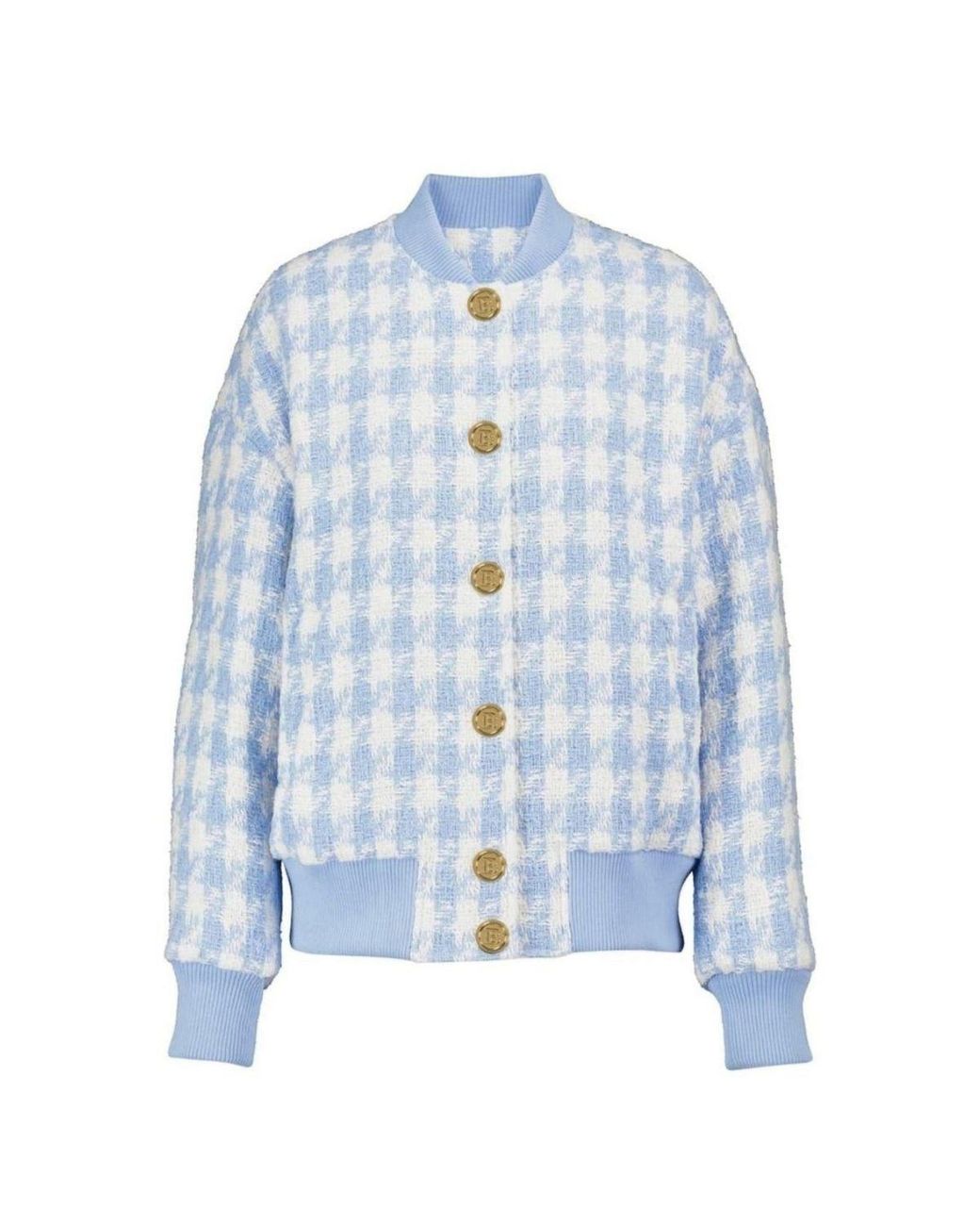 Balmain Blue Houndstooth Cotton-blend Tweed Bomber Jacket