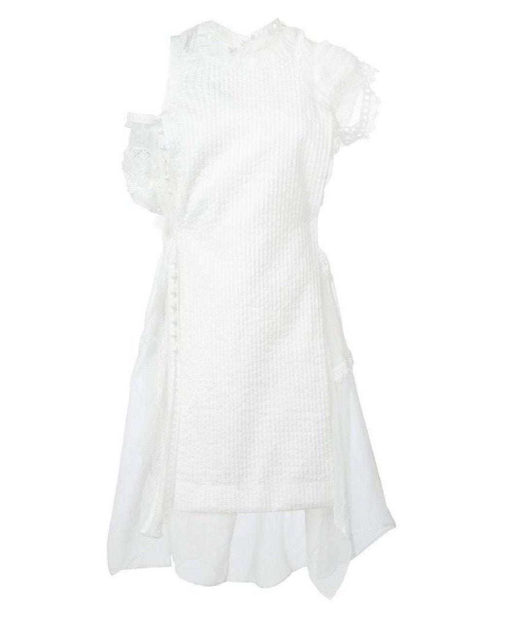 Sacai Lace Trim White Seersucker Dress