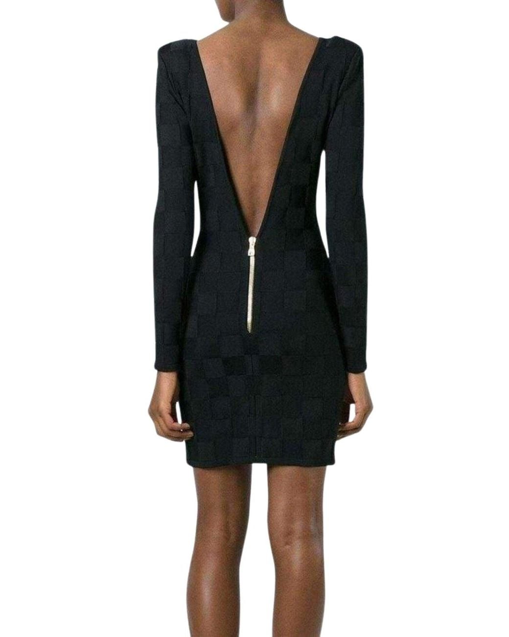 Balmain Black Check Jacquard Deep V-back Dress